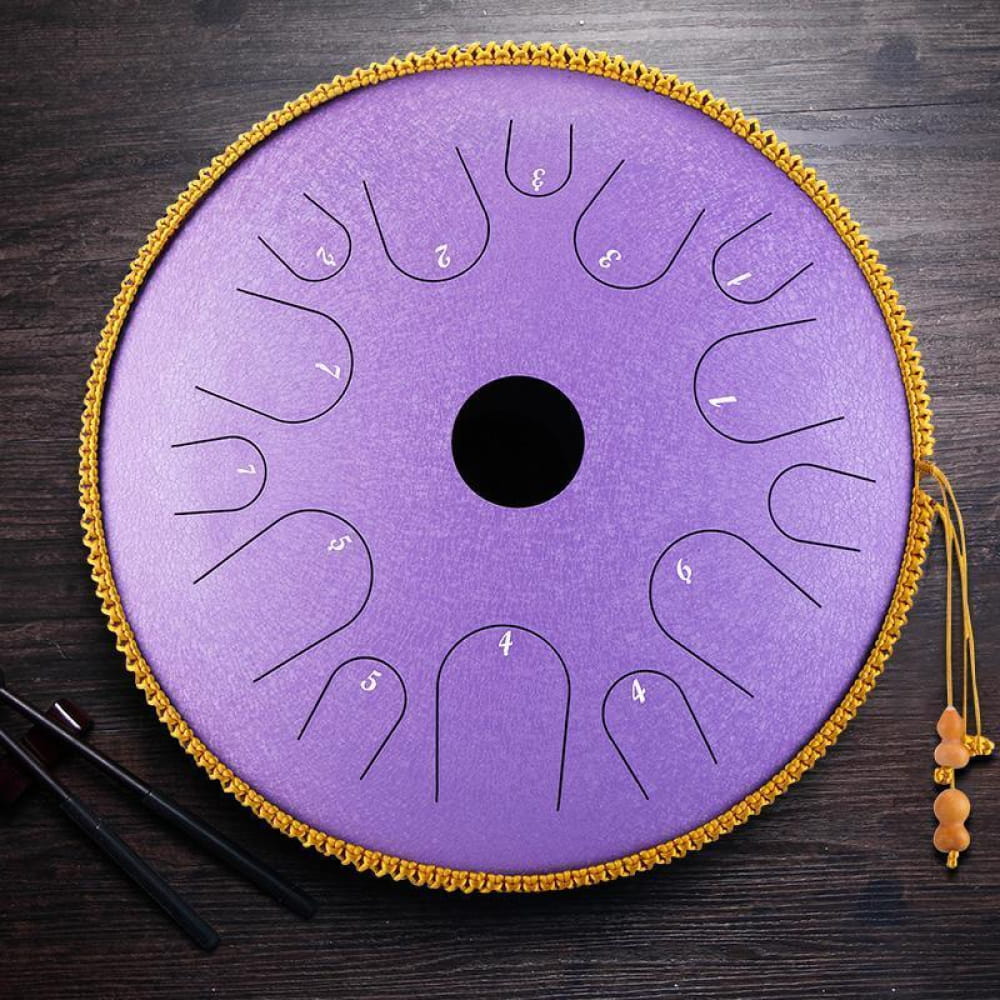 Purple steel tongue drum with gold trim and tassels, 14 notes in C key