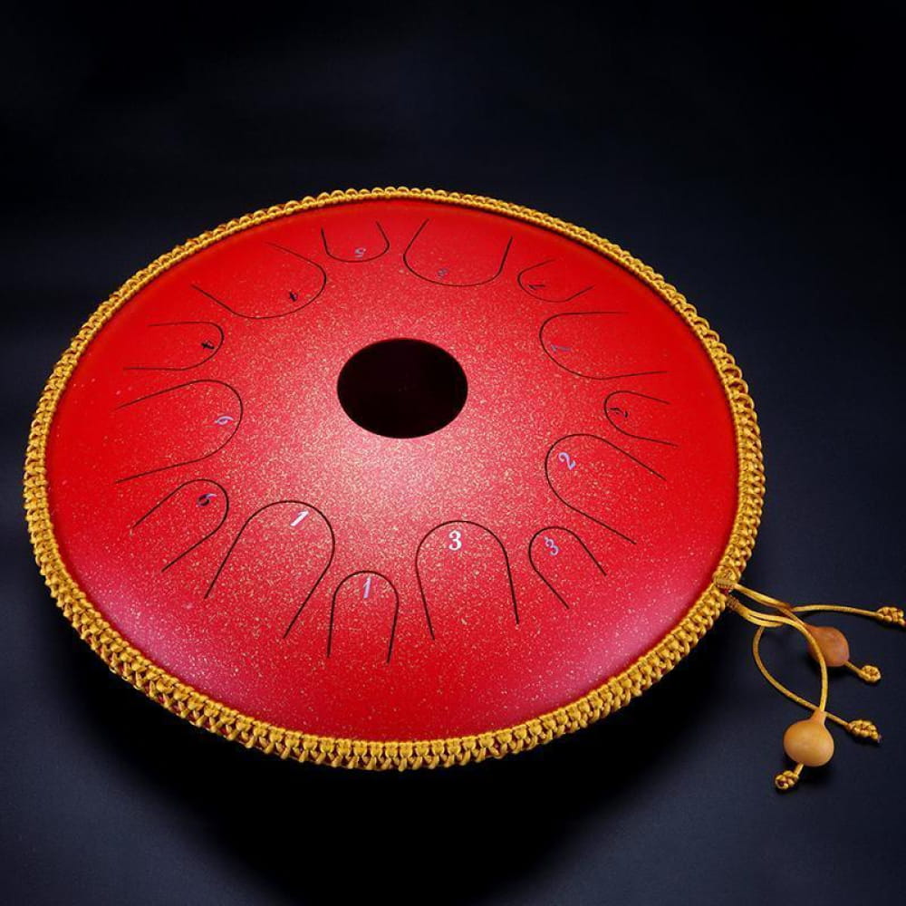 Red decorative 14-Inch Alloy Copper Steel Tongue Drum with gold trim and patterns