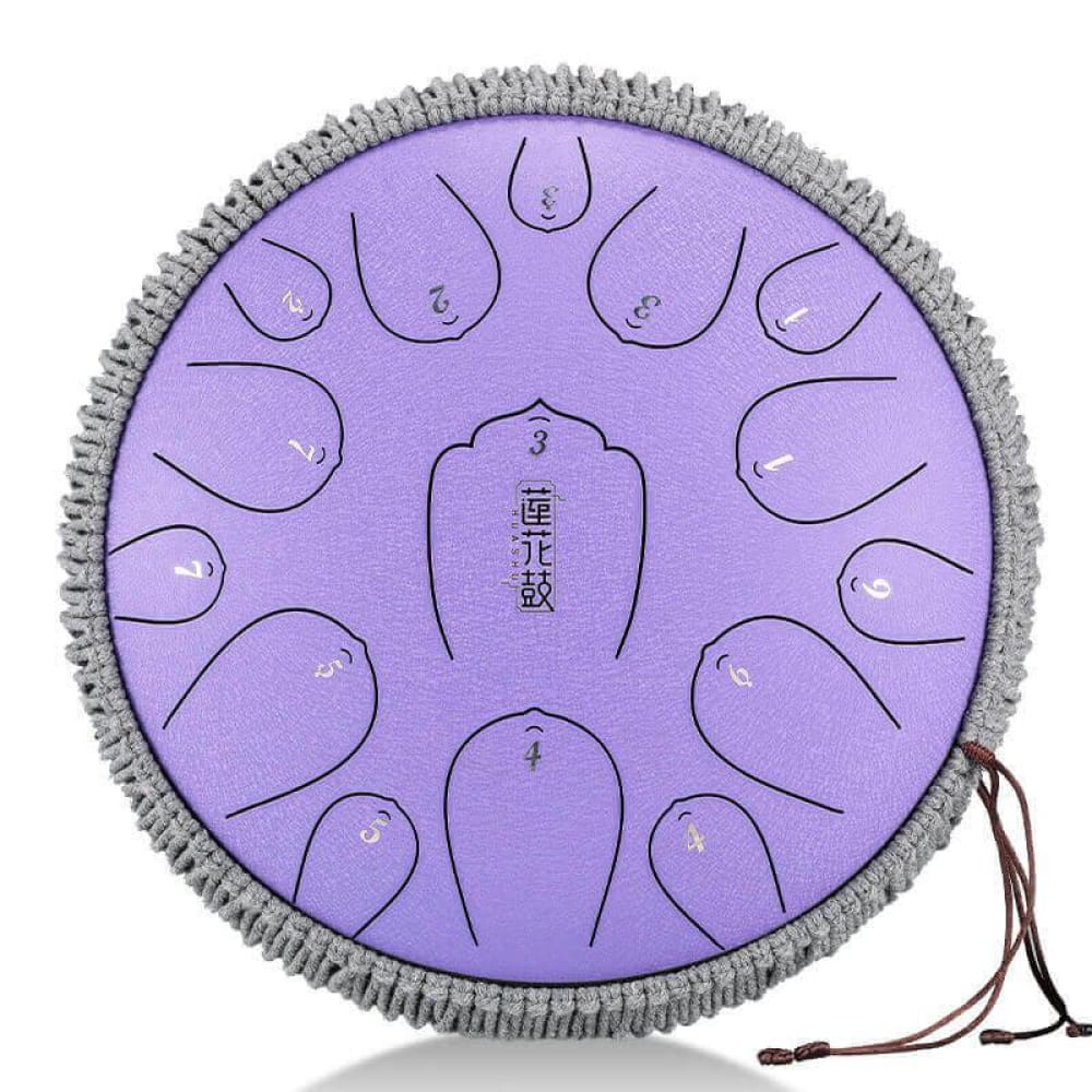 Purple steel tongue drum with grey fringe and hanging cord for 14-Inch D Key instrument