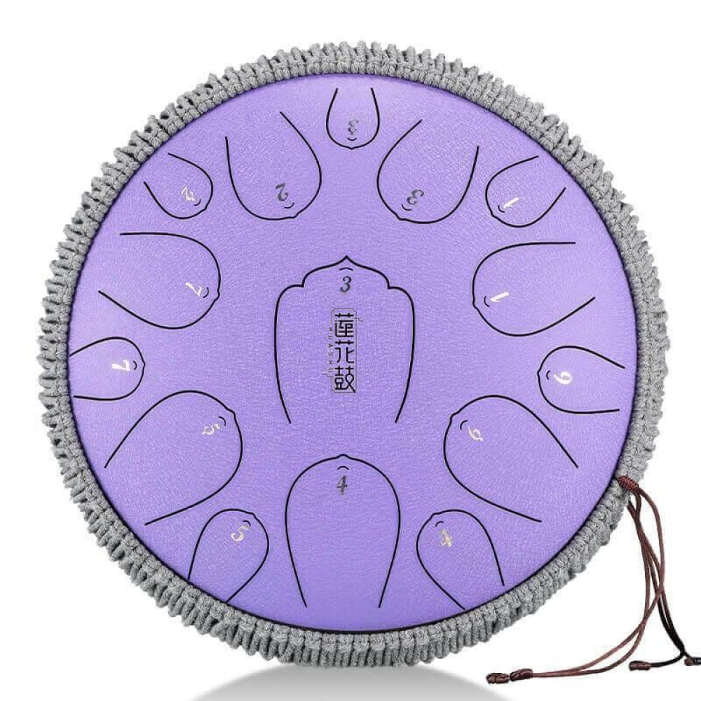Purple Steel Tongue Drum with Grey Fringe Trim and Numbered Tone Zones in C Key