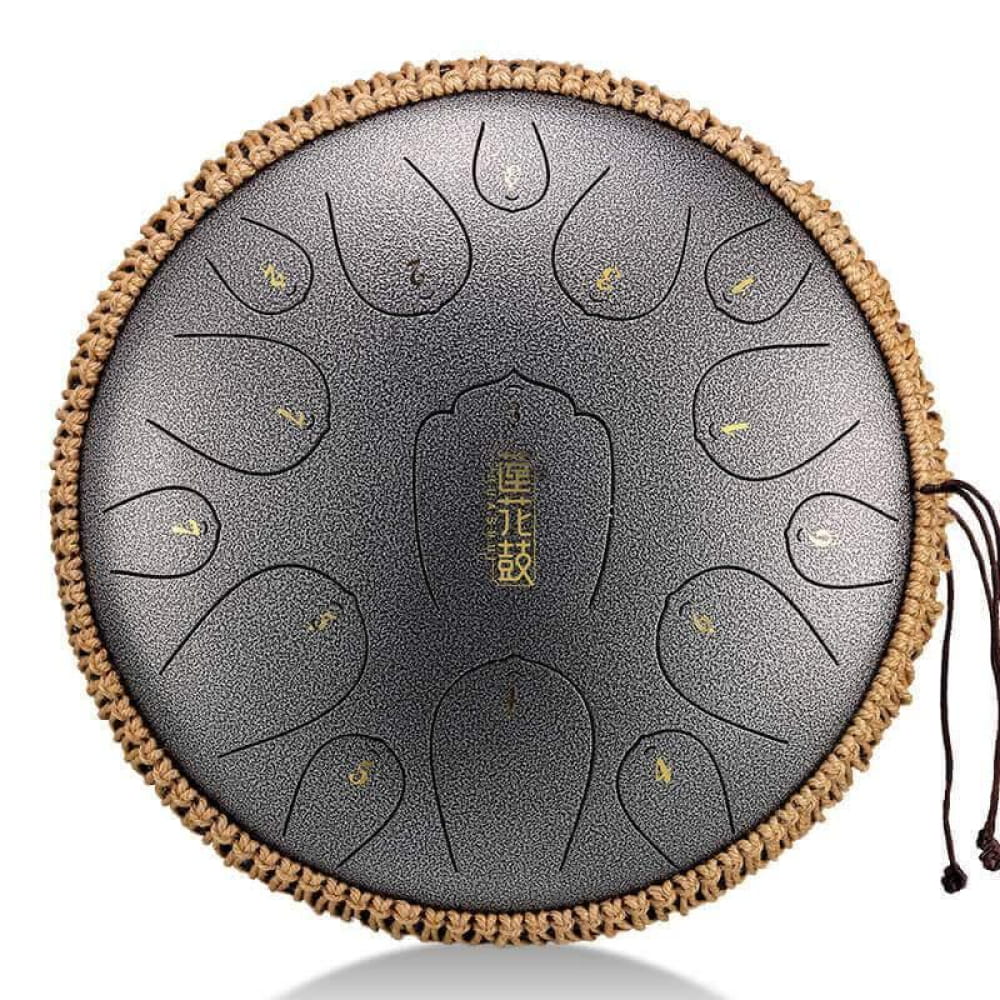 Steel tongue drum with 13 notes and woven rope border for calming music in C key