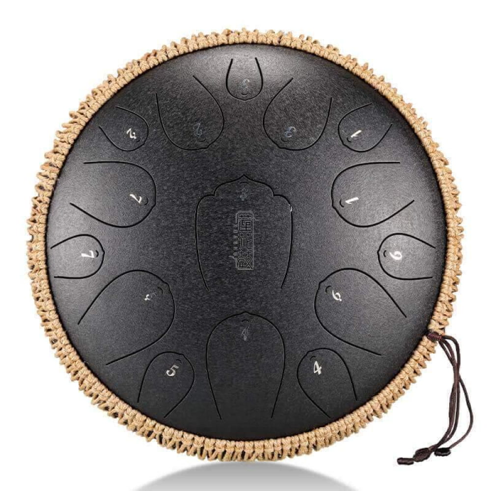 Black steel tongue drum with numbered tone fields and woven rope trim, 14 Inch, C Key