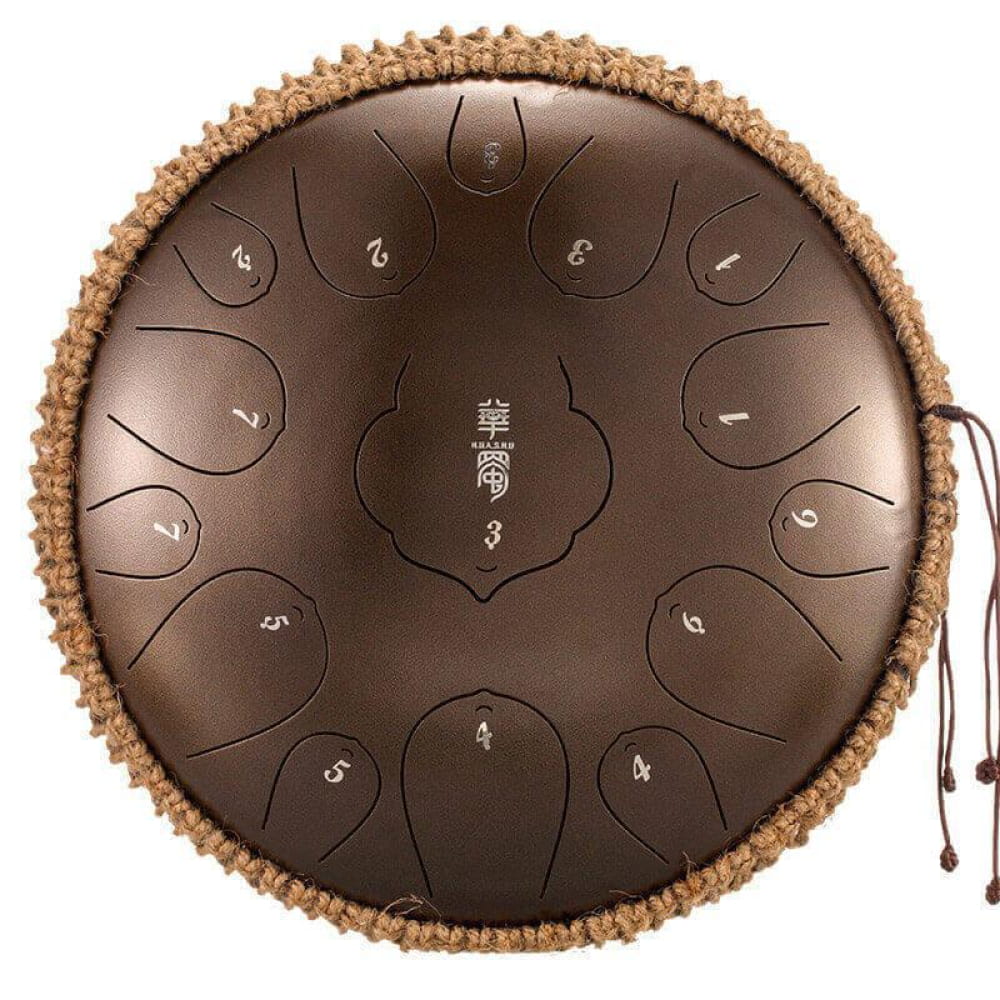 Steel Tongue Drum with brown finish and decorative trim, 14 Inch, 15 Notes D Key