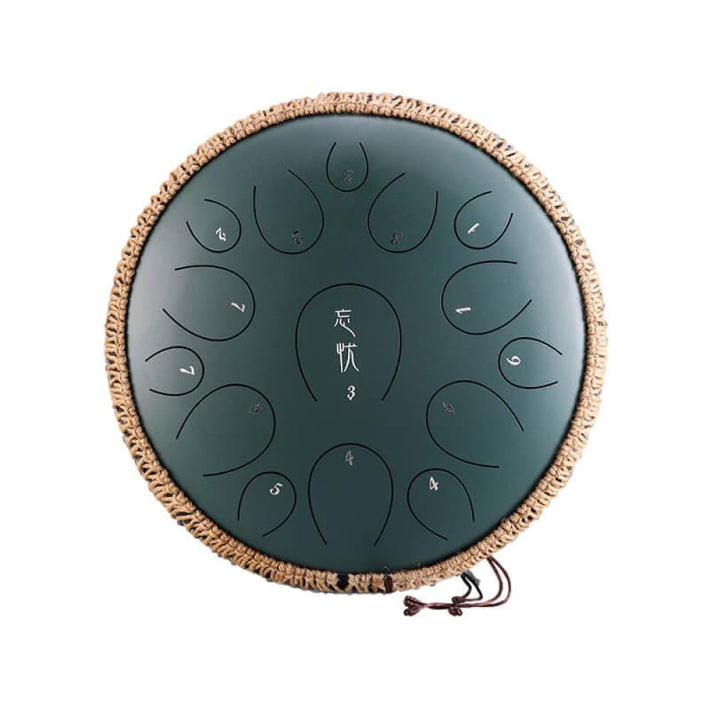 Dark green 15-Note C Major Carbon Steel Tongue Drum with decorative rope trim