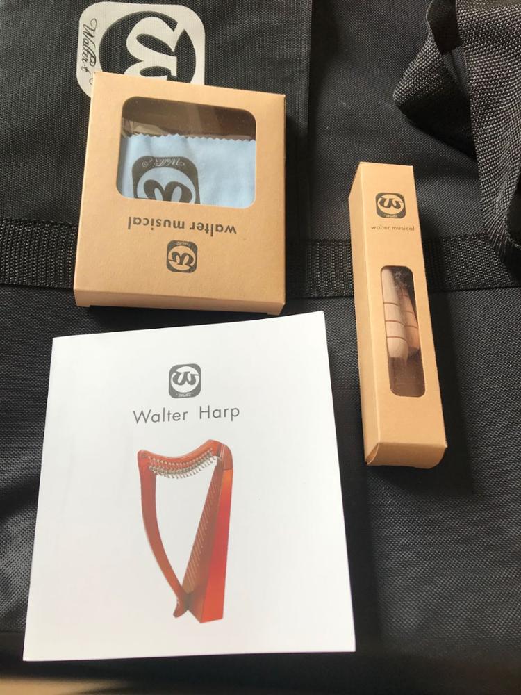 Walter harp music box with brown packaging and instruction booklet for Celtic Lyre Harp