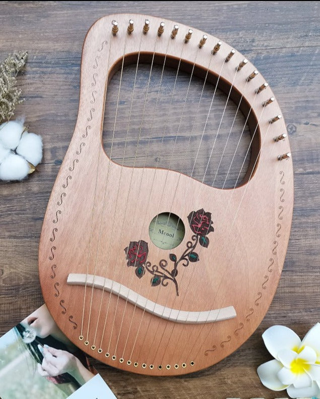 Wooden 16-string Lyre Harp Instrument with floral decorations for beginners