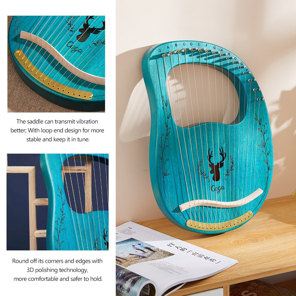 Turquoise 16-String Lyre Harp with Curved Edges and Deer Design