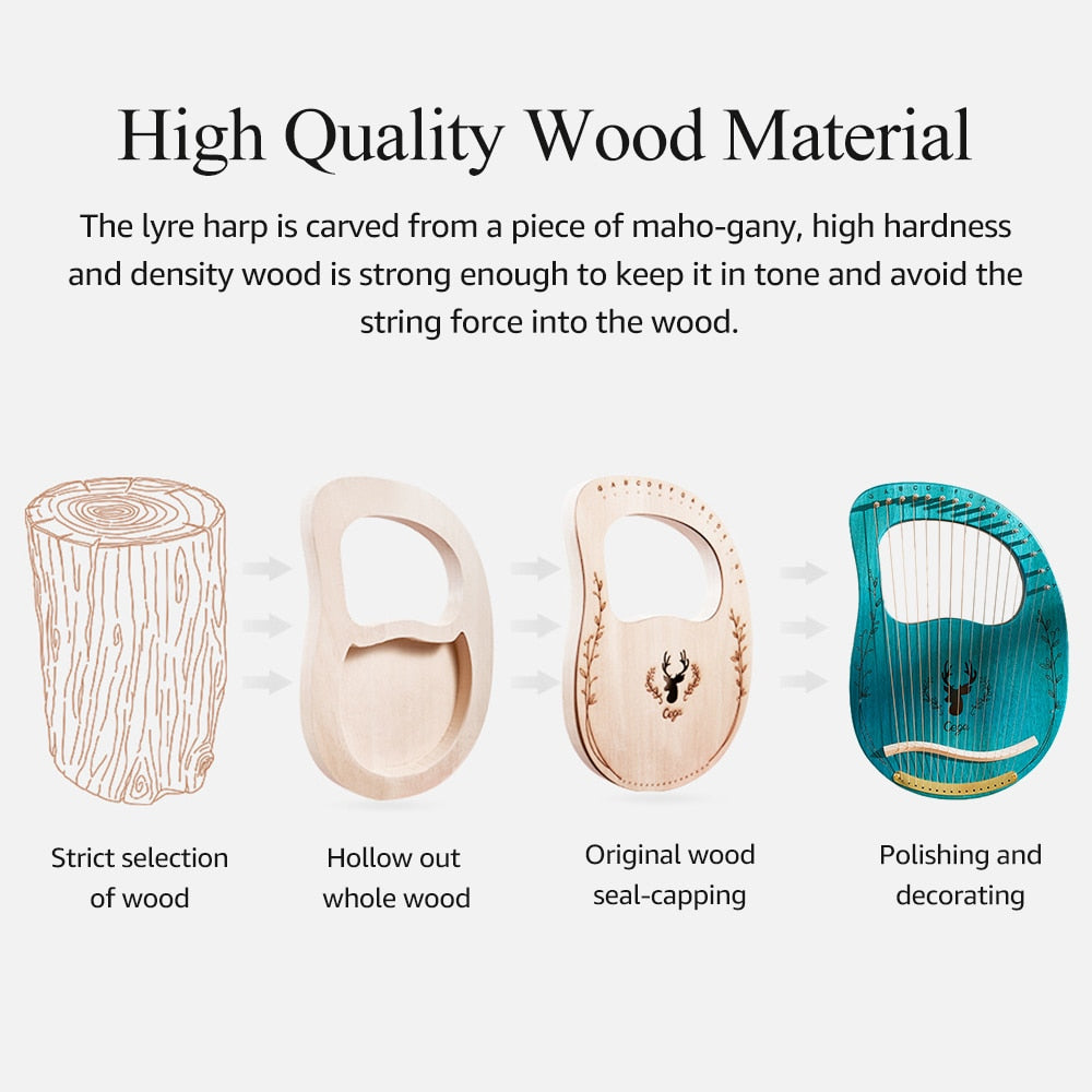Step-by-step transformation of wood log into a 16-String Lyre Harp Instrument