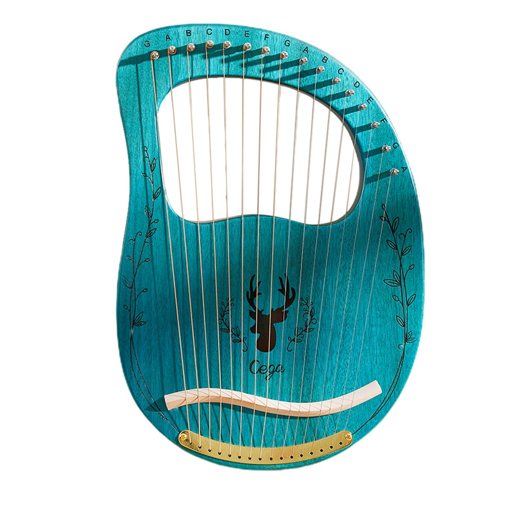 Turquoise Lyre Harp with Deer Design and Metallic Strings in 16-String Instrument Set