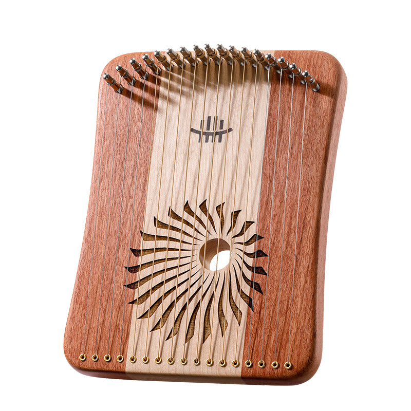 Wooden Kalimba thumb piano with sunburst pattern by Hluru, 17/31 String Lyre Harp
