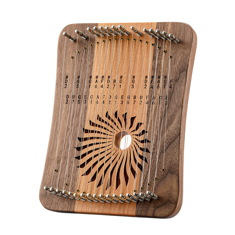 Wooden Kalimba thumb piano with sunburst pattern in 17/31 String Wood Lyre Harp by Hluru
