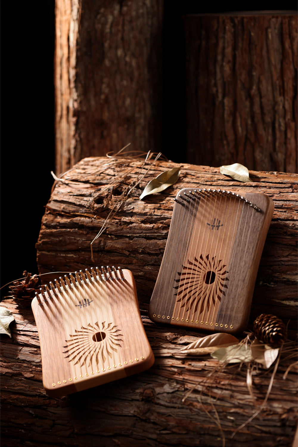 Wooden beard combs with sunburst patterns, featured with Hluru String Wood Lyre Harp