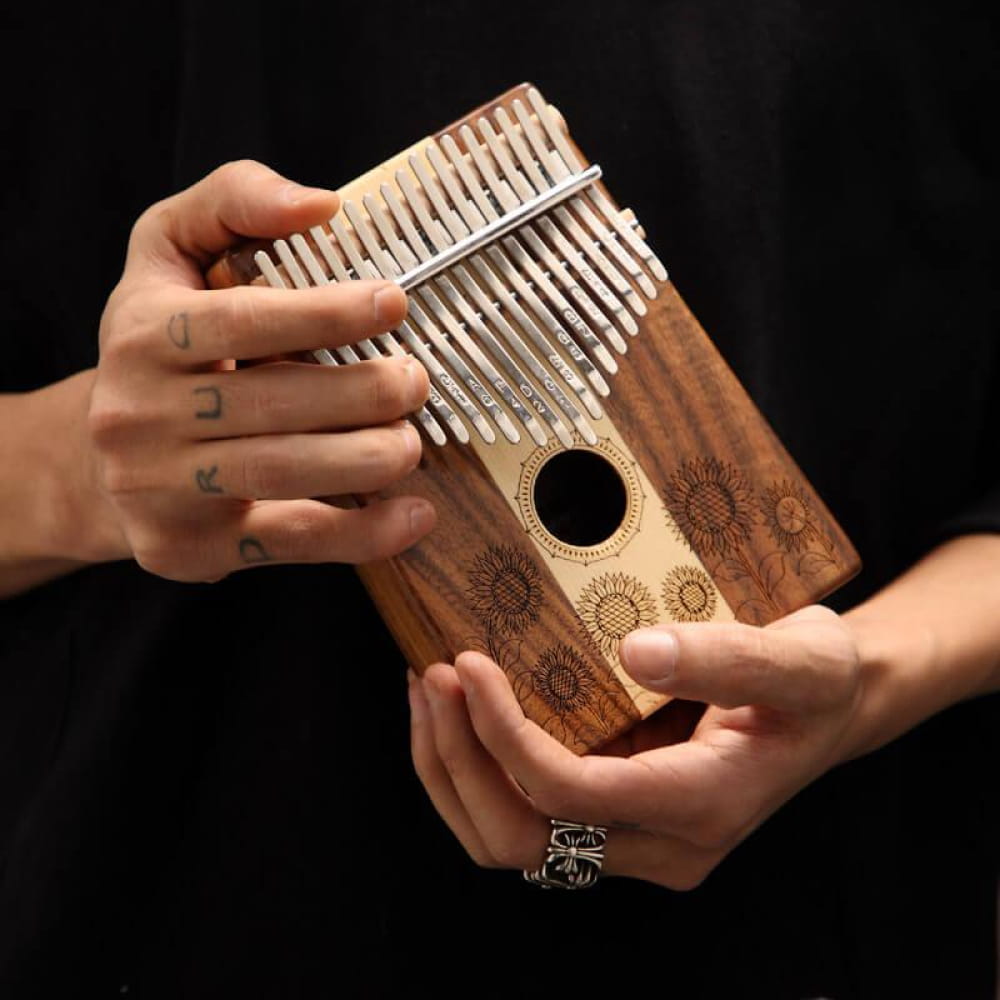 Wooden Kalimba thumb piano with sun patterns, 17 Key Acacia & Maple Sun Flower C Tone