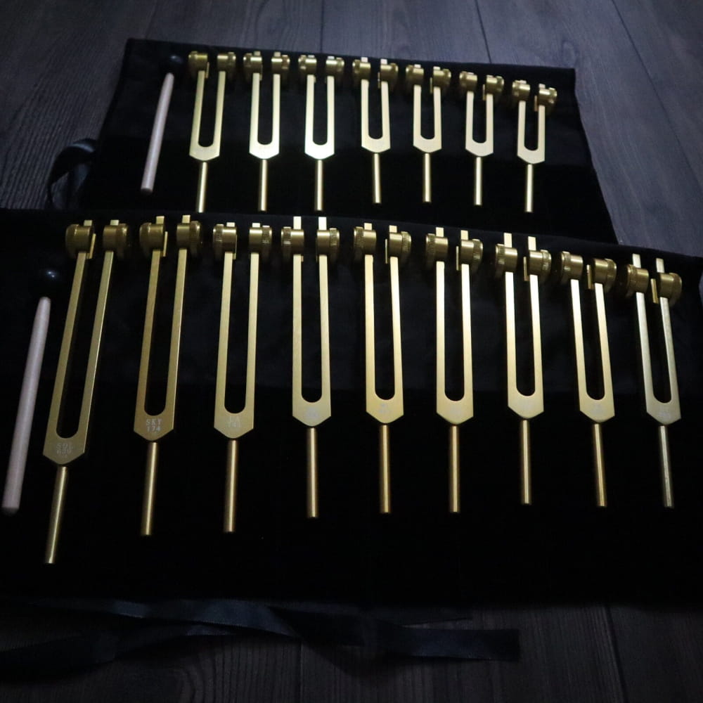 Collection of 17pc Solfeggio and Chakra Tuning Forks arranged in rows in gold