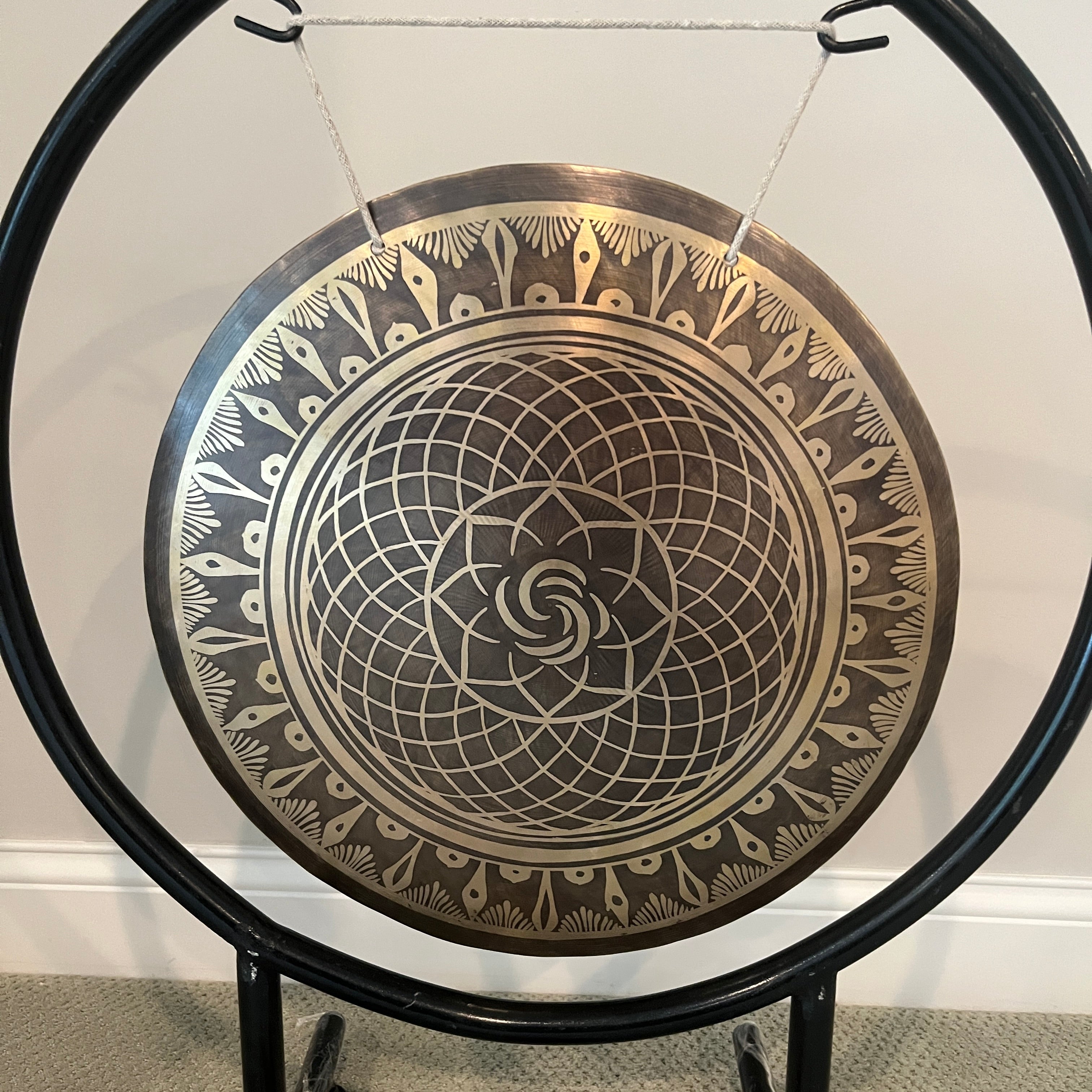 Metal gong featuring intricate geometric mandala pattern on 18’’ Bronze Wind Gong Instrument