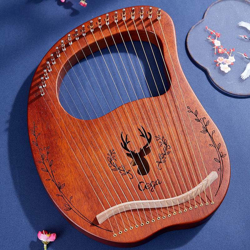 Wooden Lyre Harp with Deer Head and Floral Engravings in Mahogany Finish