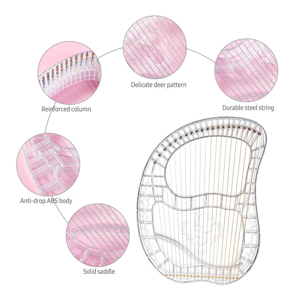 Technical diagram of 21-String Crystal Lyre Harp highlighting structural features