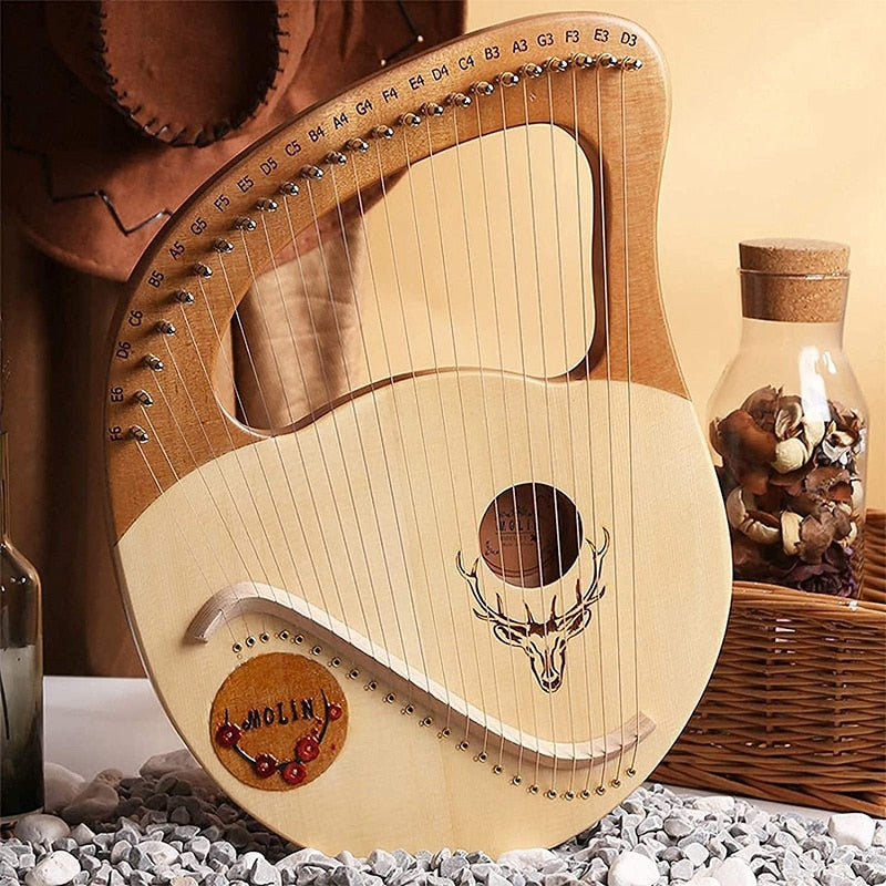Wooden Lyre Harp with Deer Skull Design and Decorative Soundhole, 24 Strings Steel Strings