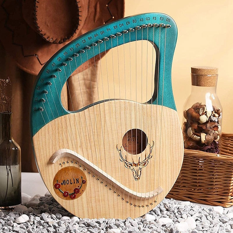 Wooden Lyre Harp with Turquoise Frame and Decorative Sound Hole, 24 Steel Strings