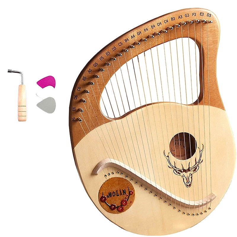 Wooden 24 String Lyre Harp with deer design and steel strings for beautiful music