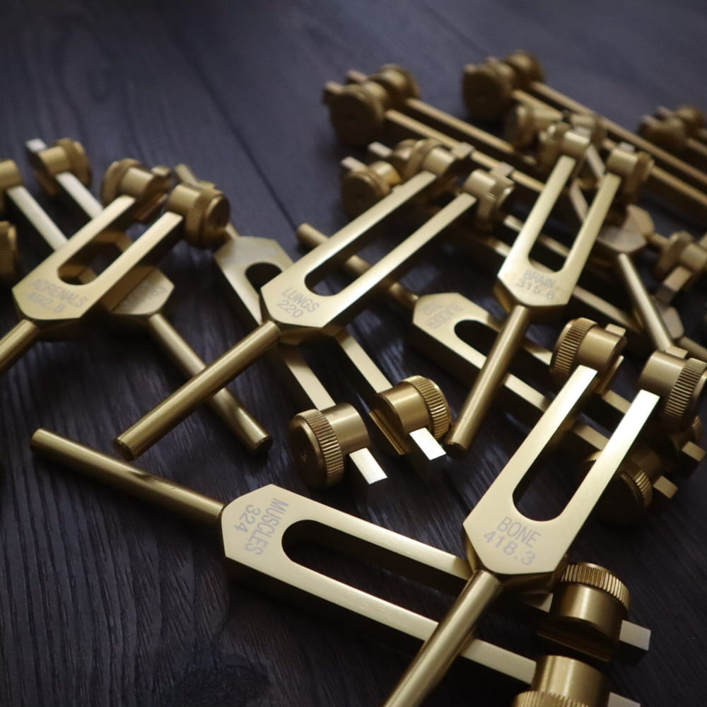 Brass tuning forks arranged for the 24pc Solfeggio Tuning Fork Set for sound healing