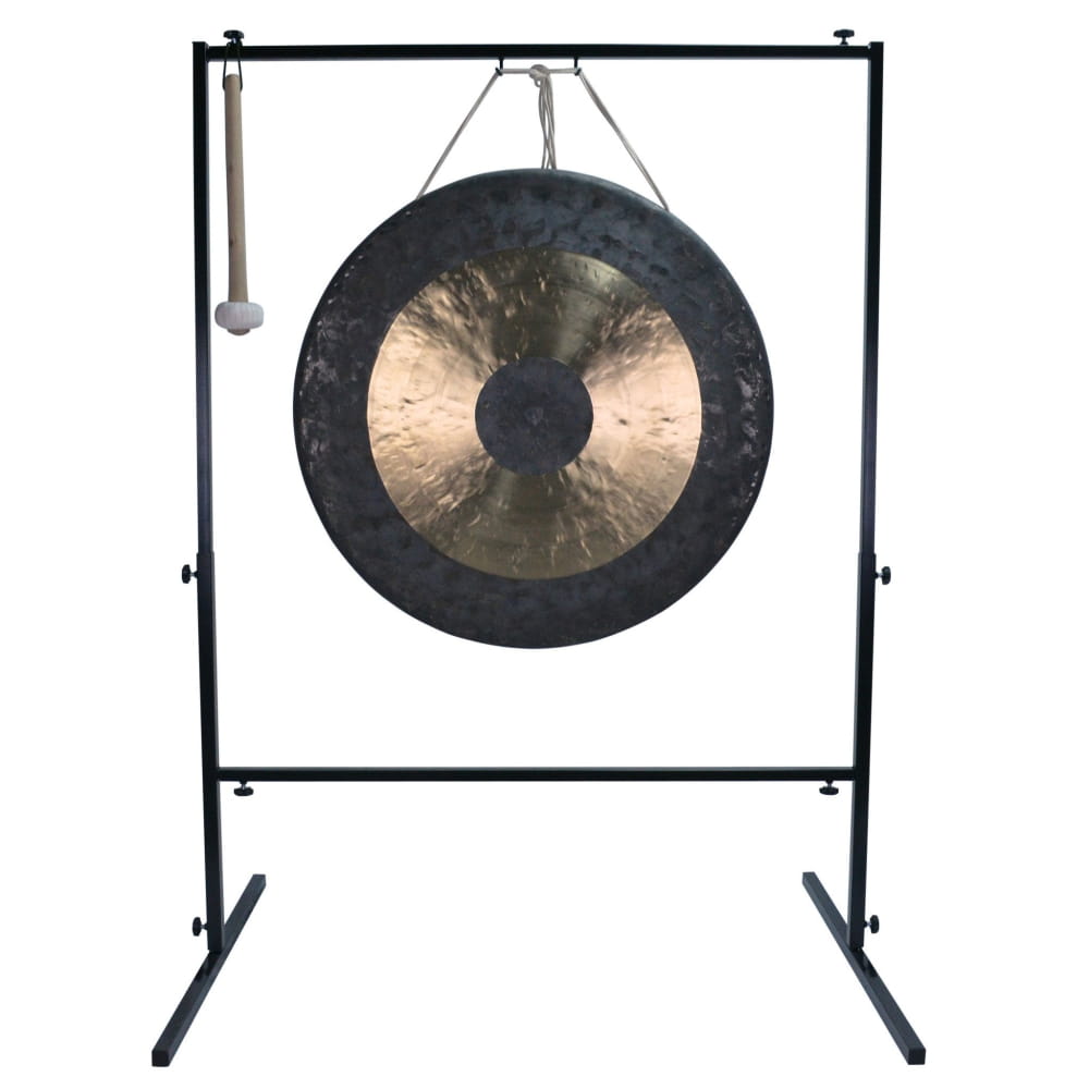 Traditional Chinese gong on black metal stand with mallet in 32 inch gong set