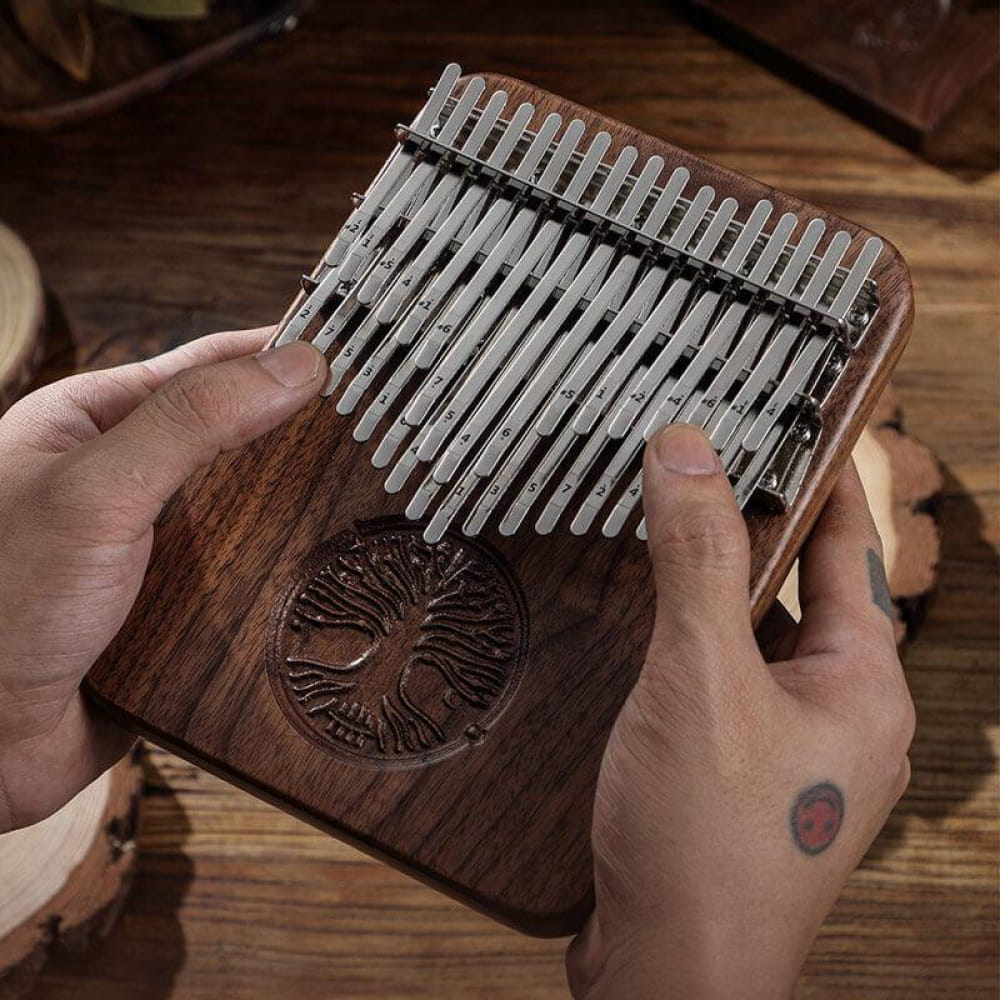 Wooden Kalimba thumb piano with carved tree design, 34 Key Double Layer Walnut for Meditation