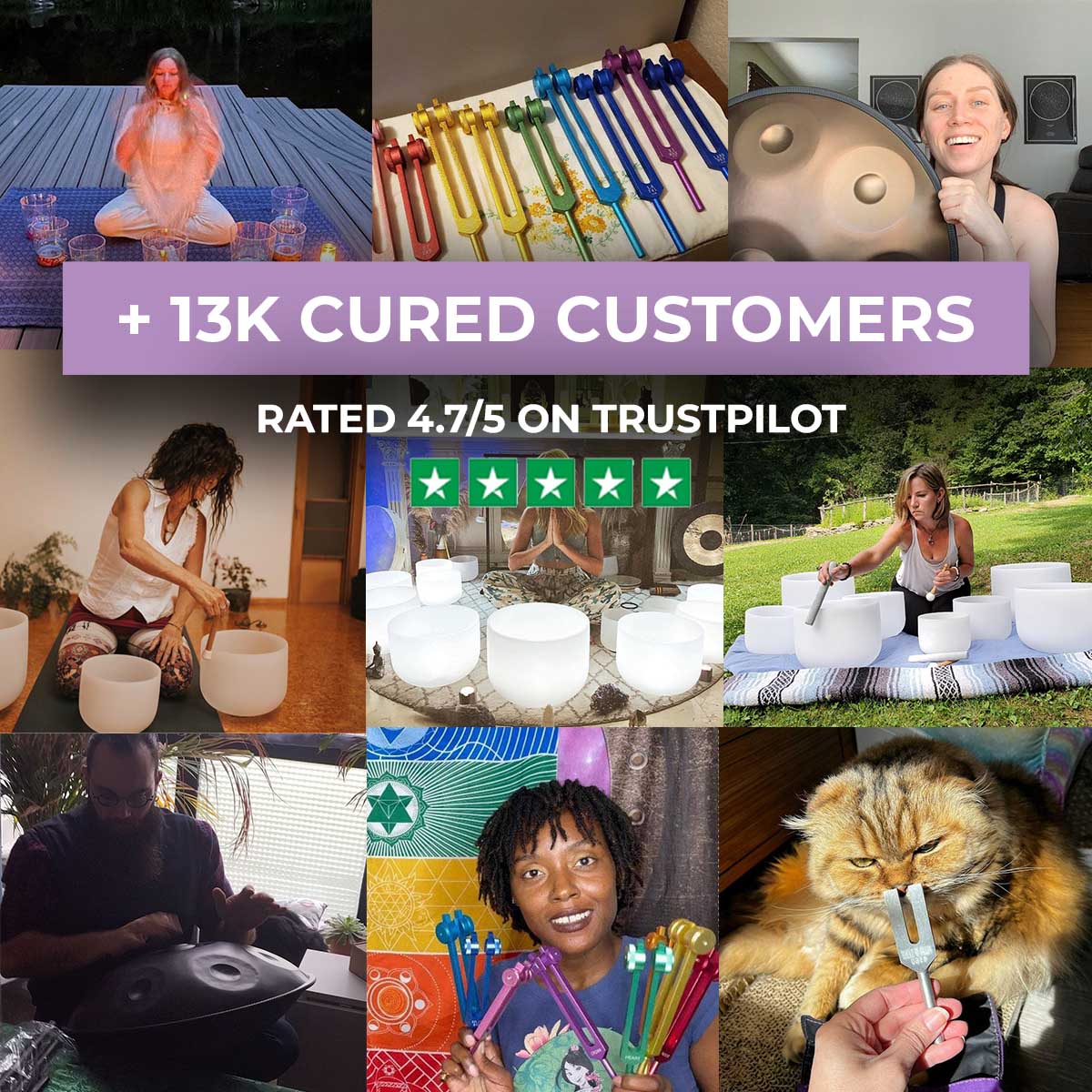 Collage of customer testimonials enjoying crystal singing bowls with Tuning Fork Set