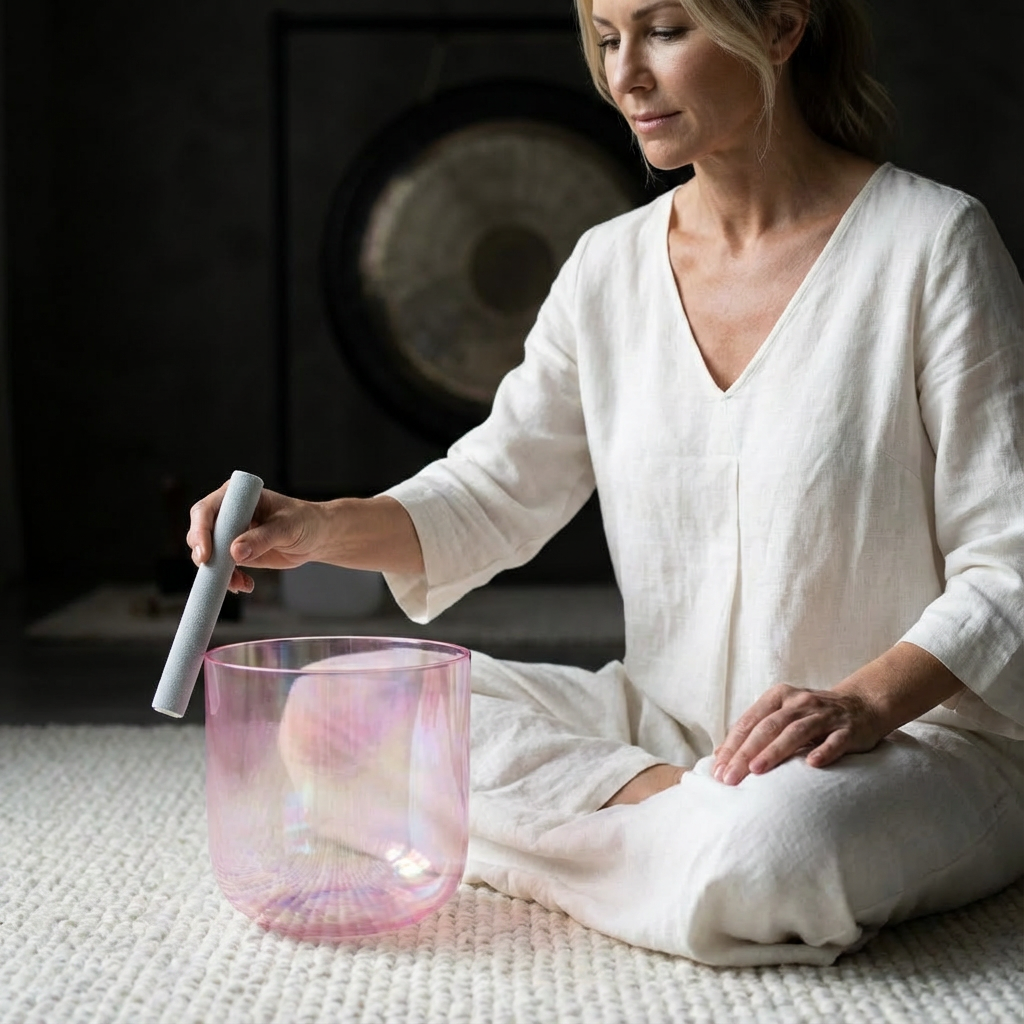 432Hz Alchemy Cosmic Light Clear Pink Crystal Singing Bowl with Bag