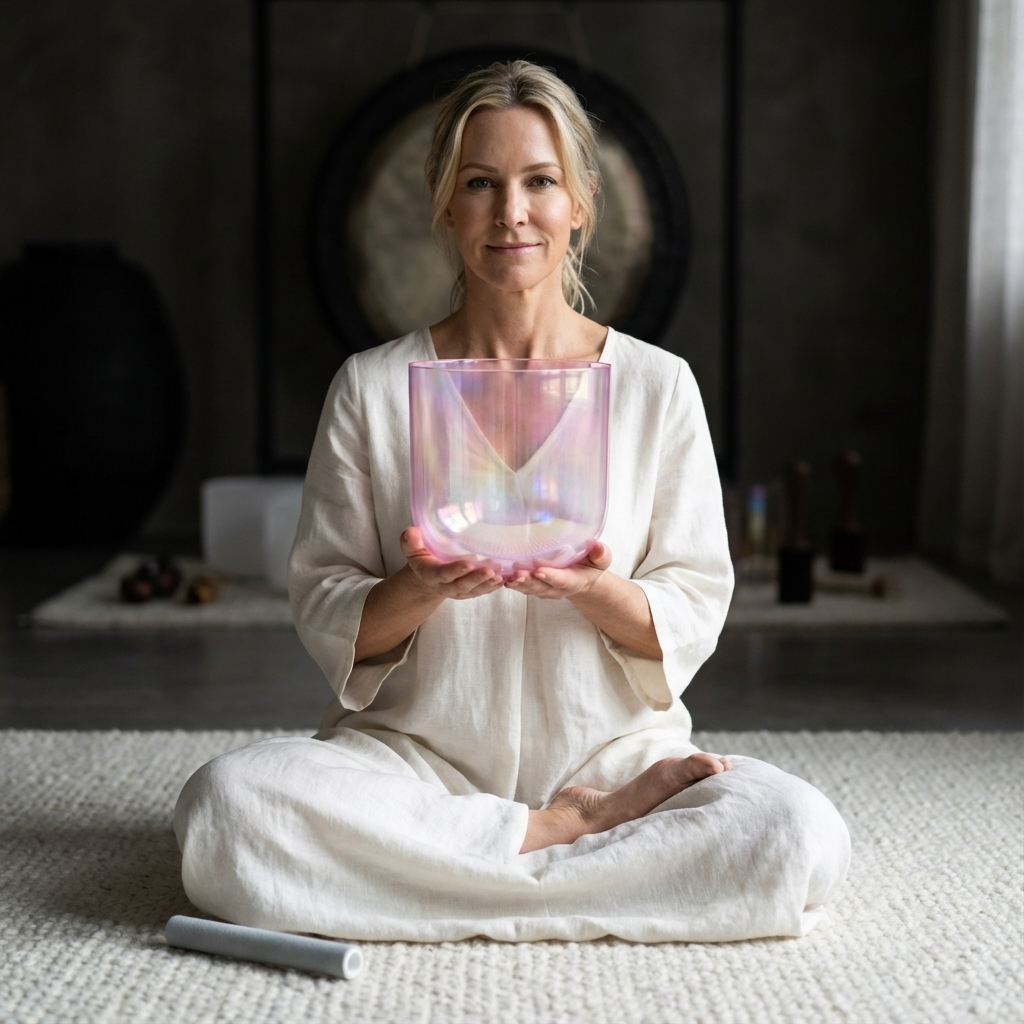 432Hz Alchemy Cosmic Light Clear Pink Crystal Singing Bowl with Bag