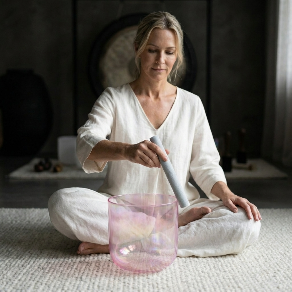 432Hz Alchemy Cosmic Light Clear Pink Crystal Singing Bowl with Bag