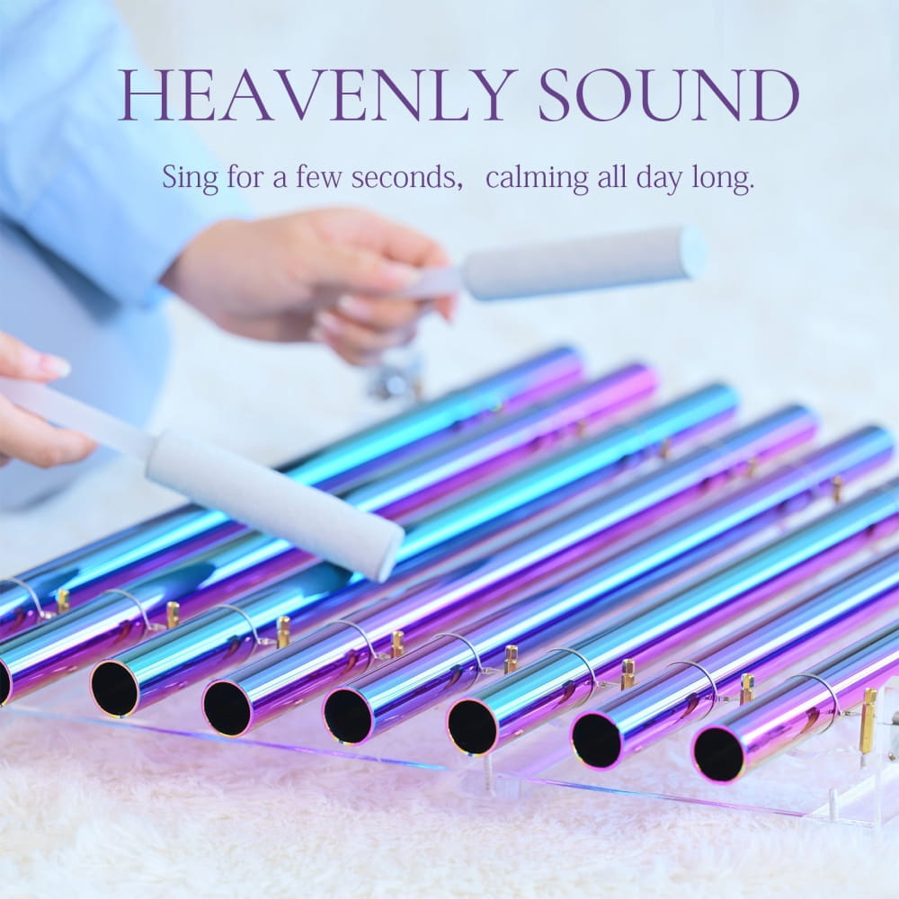 Iridescent metallic chimes on 432Hz Aurora Realm Crystal Singing Harp instrument