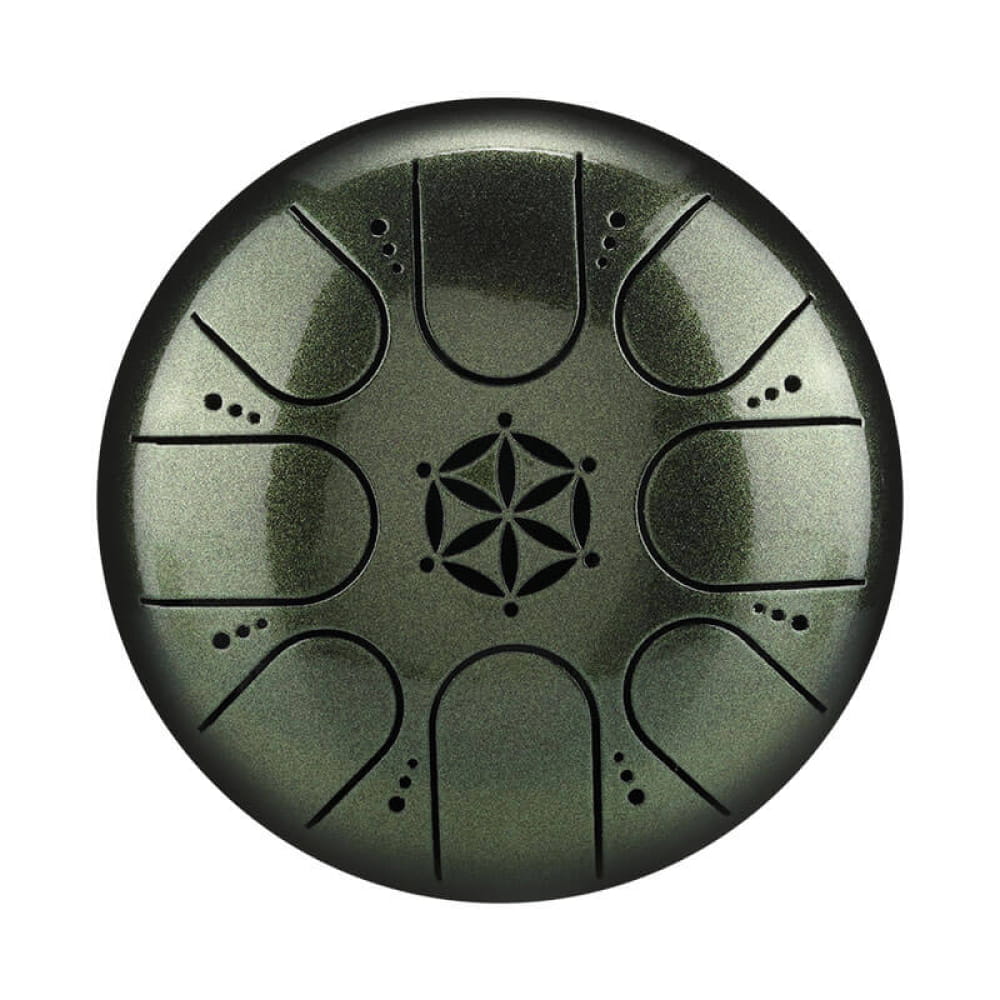 Metallic green tongue drum with eight tone fields and geometric center design