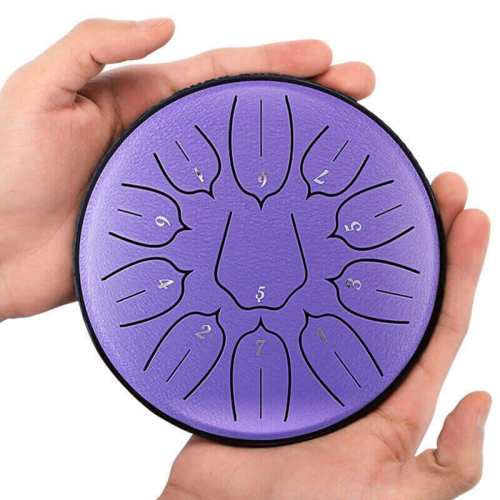 Purple 6 inch Carbon Steel Tongue Drum with Lotus design and 11 tones in C/D key