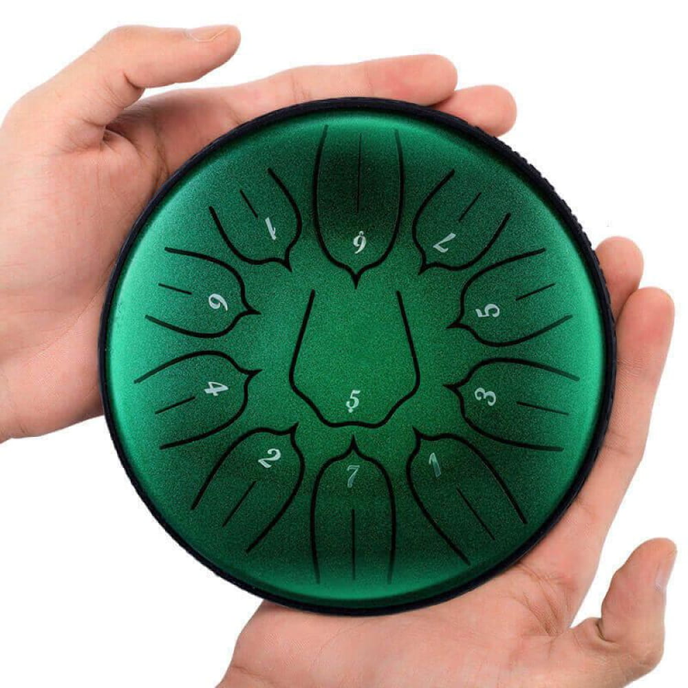 Green Carbon Steel Tongue Drum with numbered tone zones in circular pattern, 11-Tone C/D Key