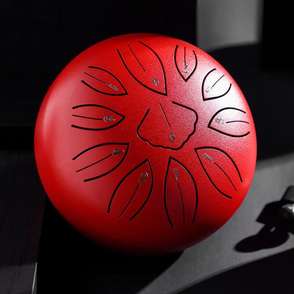 Red steel tongue drum with lotus pattern, 6 inch, 11-tone C/D key, Carbon Steel