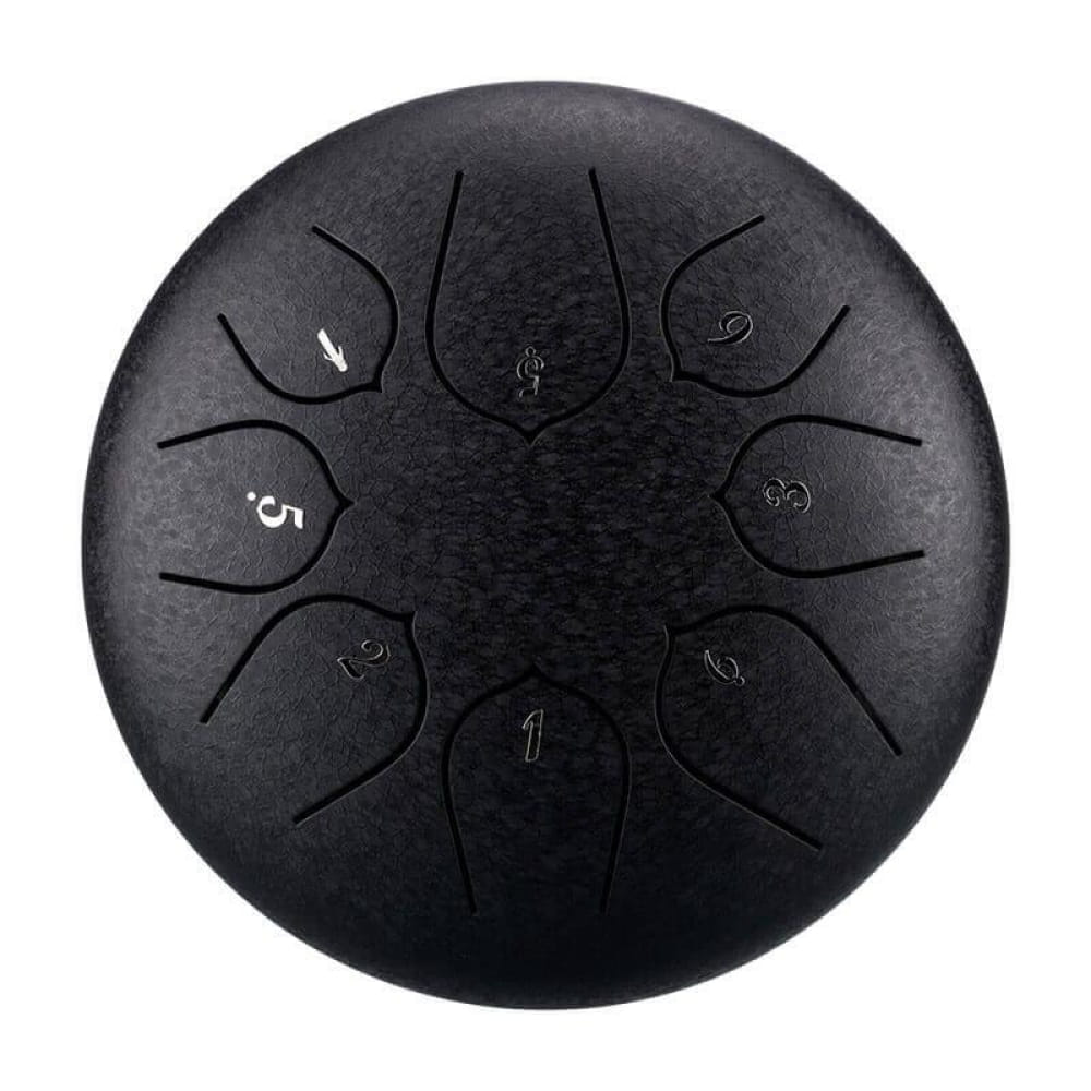 Black steel tongue drum with numbered sections in a compact music maker design