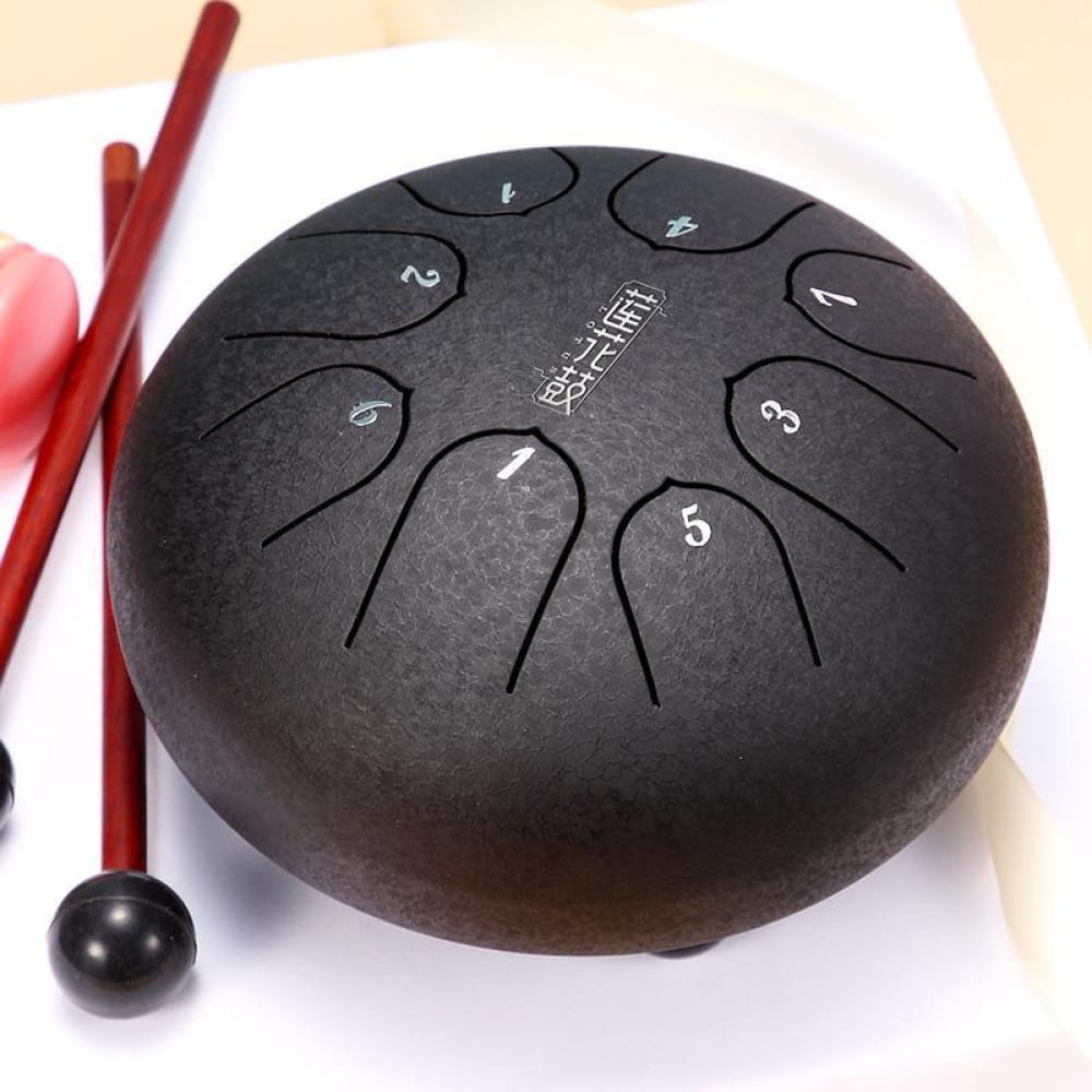 Black Steel Tongue Drum with numbered tones and mallet for 6 Inch Carbon Steel, C Key