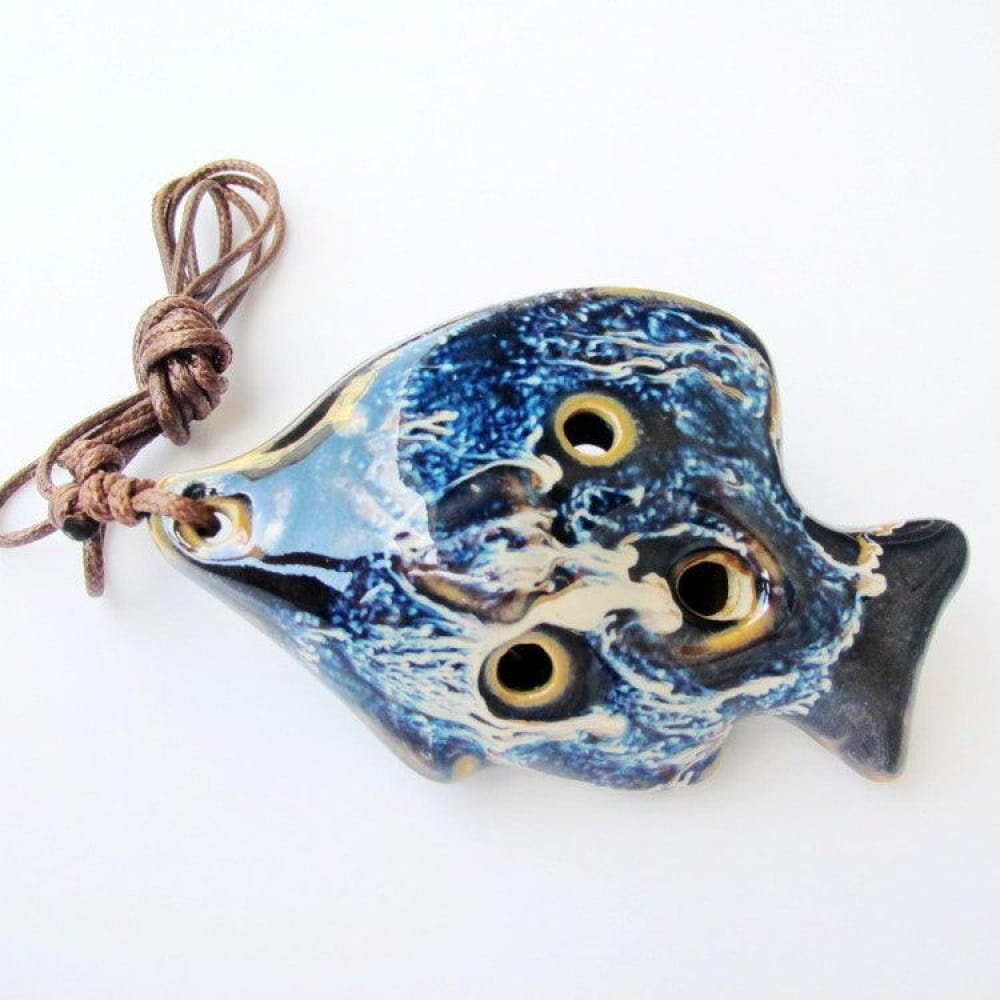Blue and white ceramic fish-shaped ocarina with cord, 6 Hole Alto C Ocarina Pendant
