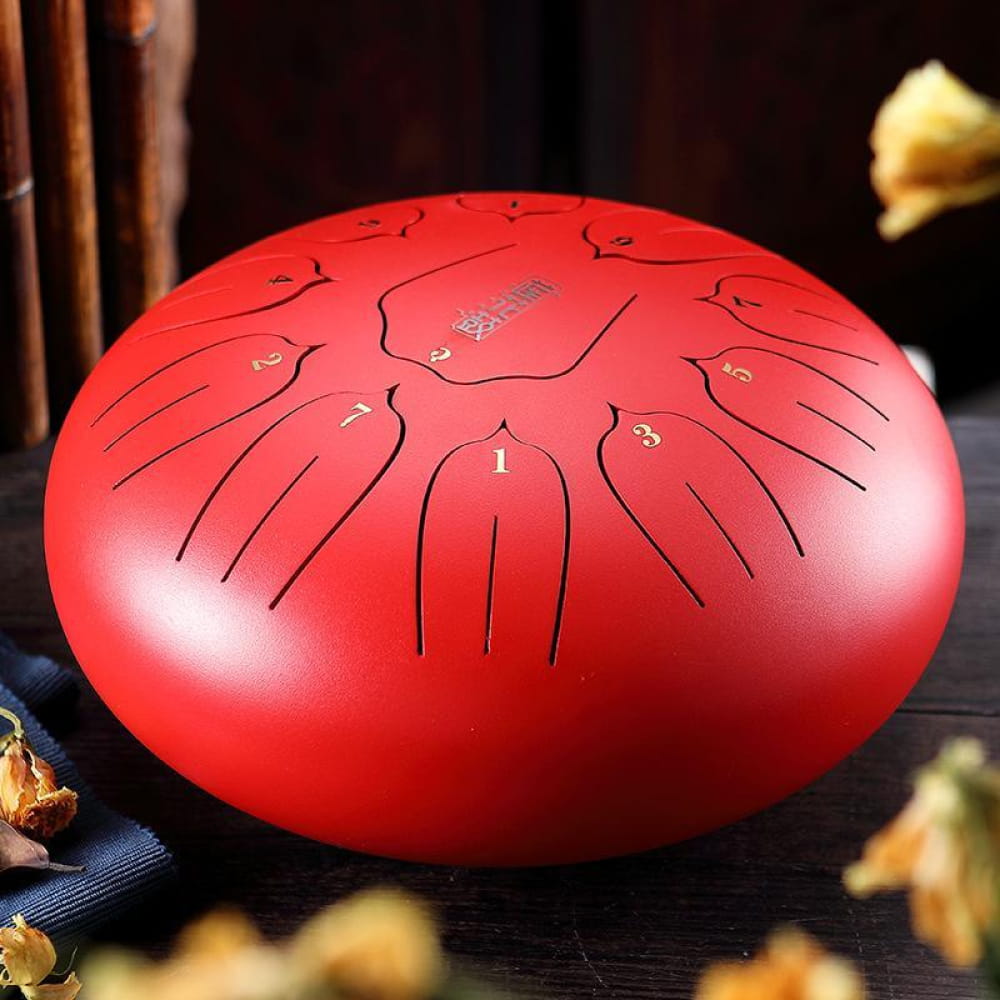 Red steel tongue drum with etched tone markers for 6-Inch Steel Tongue Drum, 8 Notes