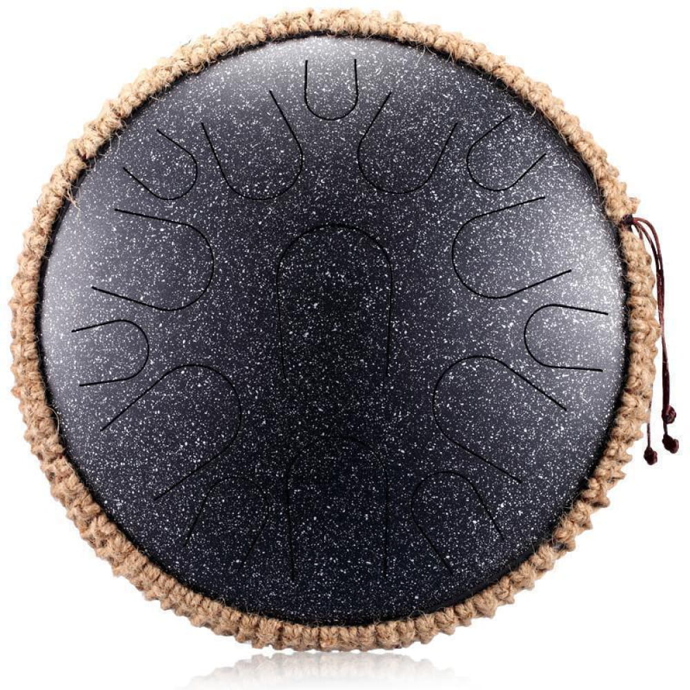 Circular steel tongue drum with black surface and beige trim for beginners and kids