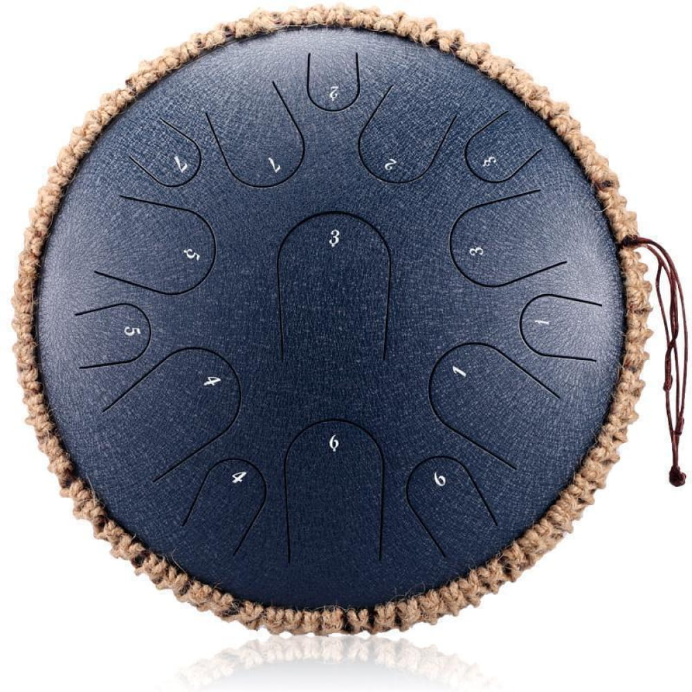 Steel tongue drum with furry trim and numbered zones, perfect for beginners and kids