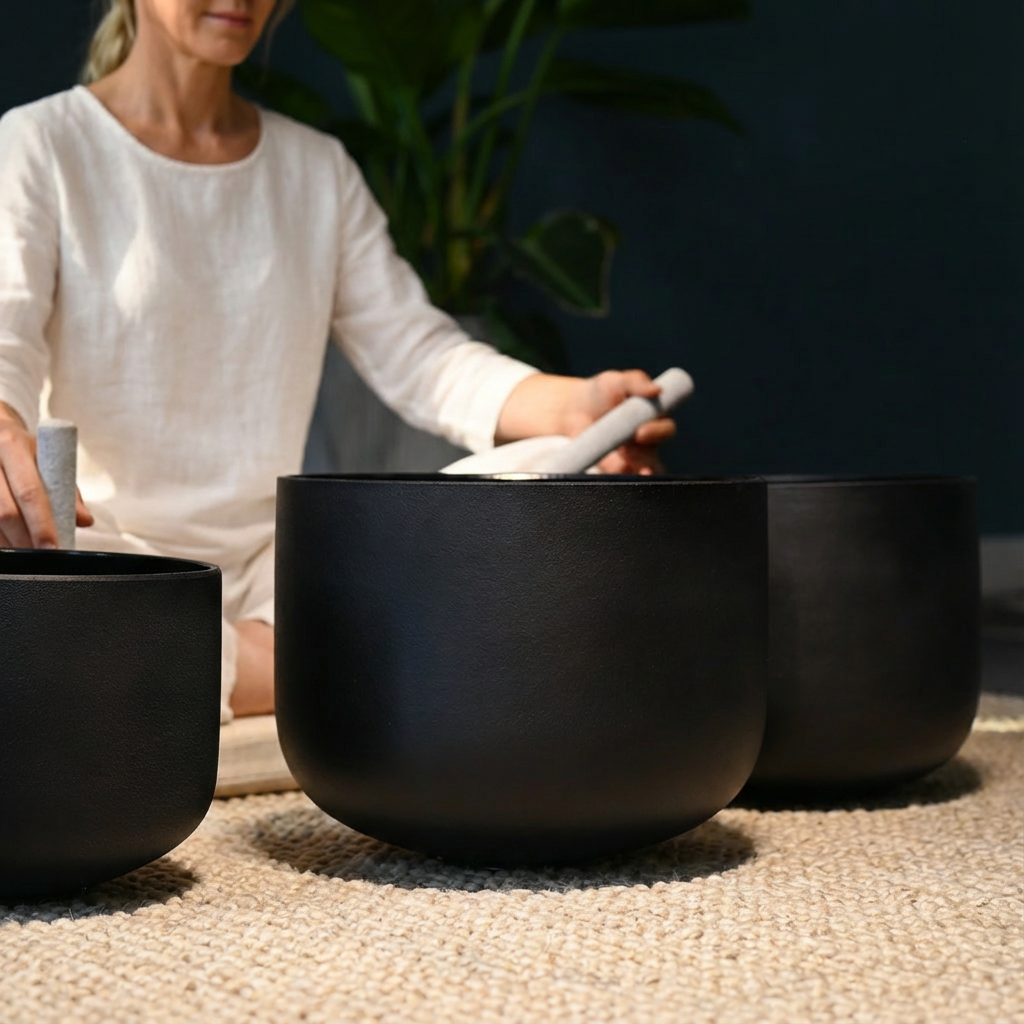 7 PCS Black Crystal Singing Bowl Set for Sound Bath