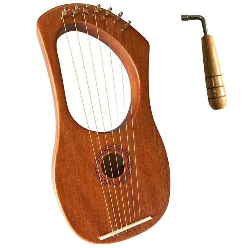 Wooden 7-String Mahogany Lyre Harp with metal tuning pegs and strings