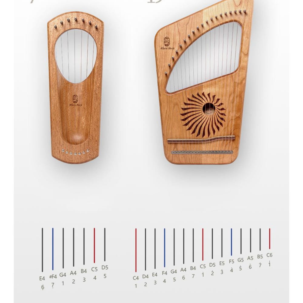 Two wooden 7-String Mini Lyre Harps with string diagrams below, Anglo-Saxon shape