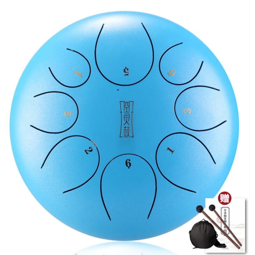 Light blue 8-Tone D Key Steel Tongue Drum with eight curved note sections