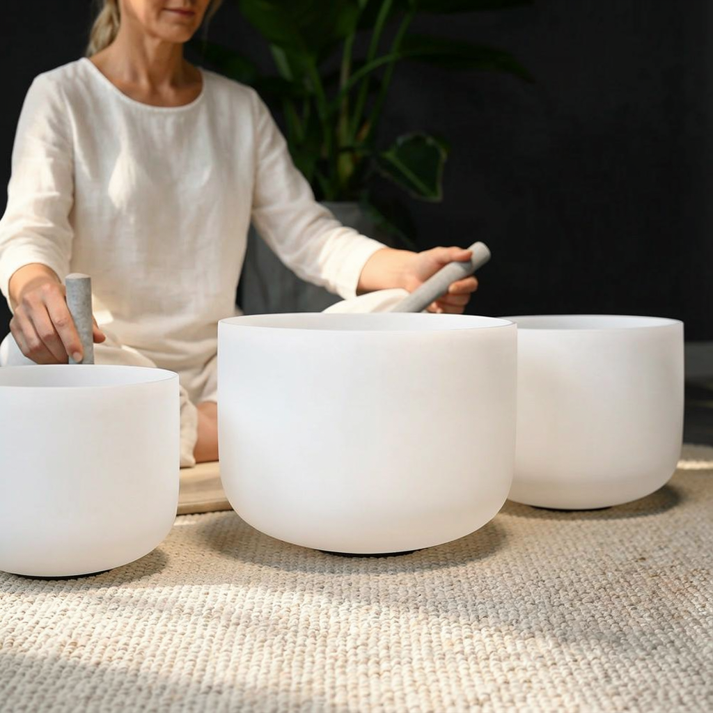 8"A 10"E 12"C Frosted Quartz Crystal Singing Bowl Set