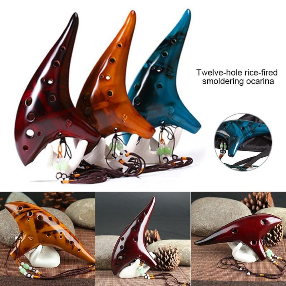Twelve-hole ceramic ocarina flutes in burgundy, orange, and turquoise colors