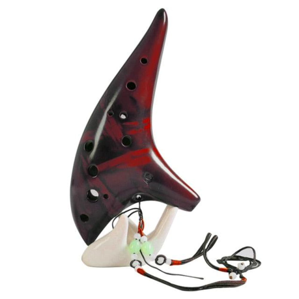 Red and black ceramic 12-hole Alto C Smoked Ocarina Flute with attached cord