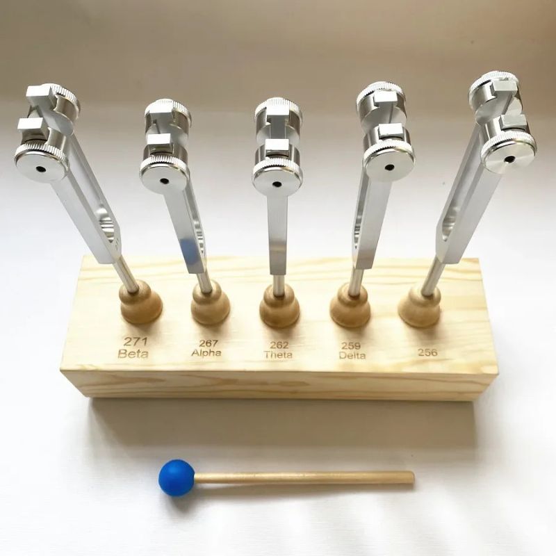 Brain Wave Tuning Fork Set with Stand showcasing tuning forks and striking mallet